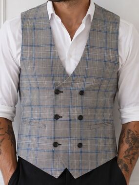 Twisted Tailor Jose Double Breasted Plaid Waistcoat 42R Wool Blend Turkey